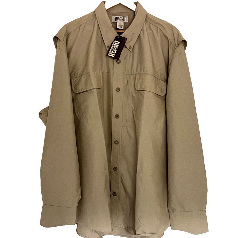 Duluth Mens Shirt 2XL Outdoor Action SPF Khaki Adjustable Sleeves Gussets NWT